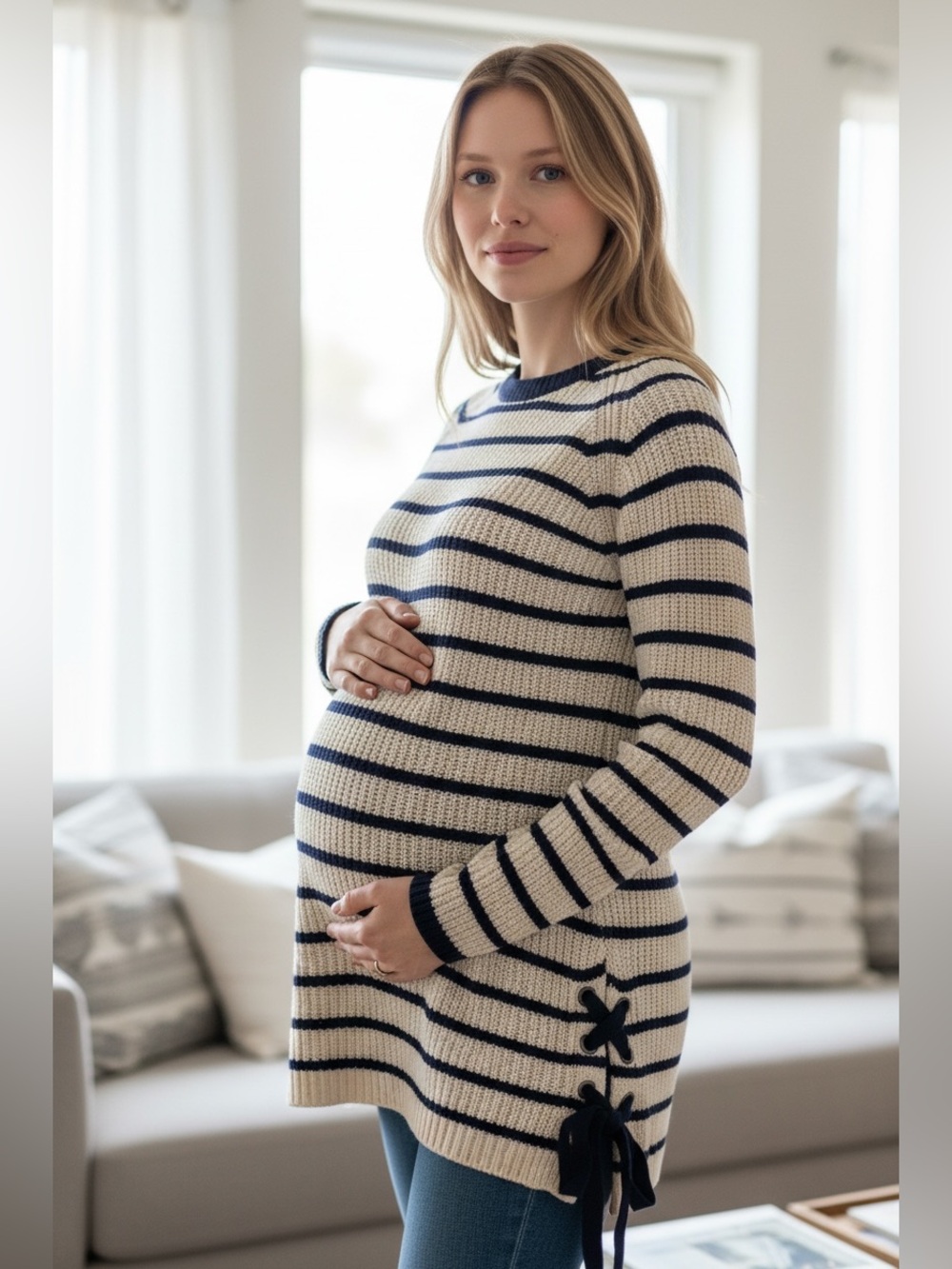 Motherhood Maternity Navy & Cream Striped Scoop Neck Sweater with Side Tie